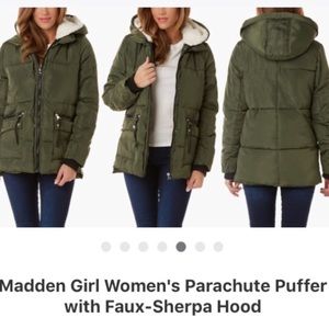 Olive Green Puffer Jacket with Sherpa Hood